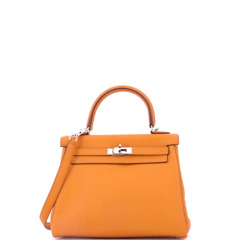 Kelly Handbag Orange Swift with Palladium Hardware 25