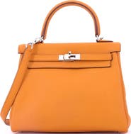 Pre-Owned Hermes Kelly Handbag Orange Swift with Palladium Hardware 25