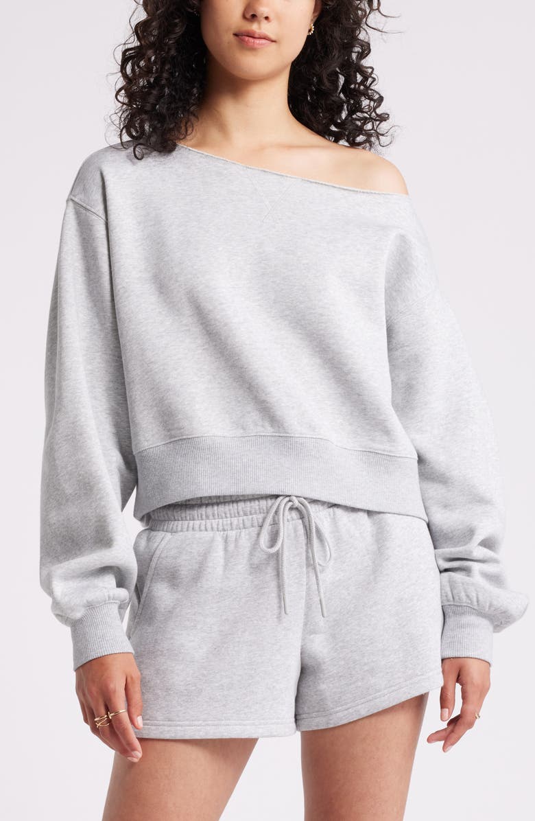 BP. Fleece Detail Off the Shoulder Sweatshirt, Main, color, Grey Soft Heather