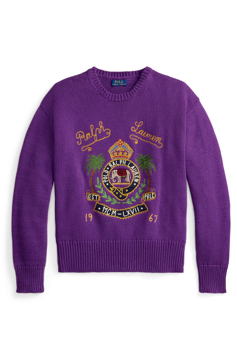 Polo Ralph Lauren Embroidered Cotton Sweater, Alternate, color, Passionflower Purple Heather