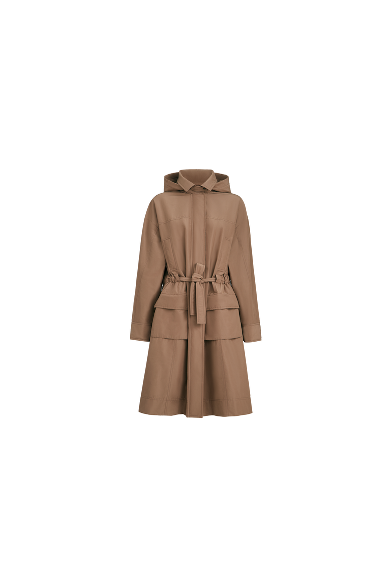Techno cotton taffeta coat with detachable hood and shiny zipper pull, Alternate, color, Camel