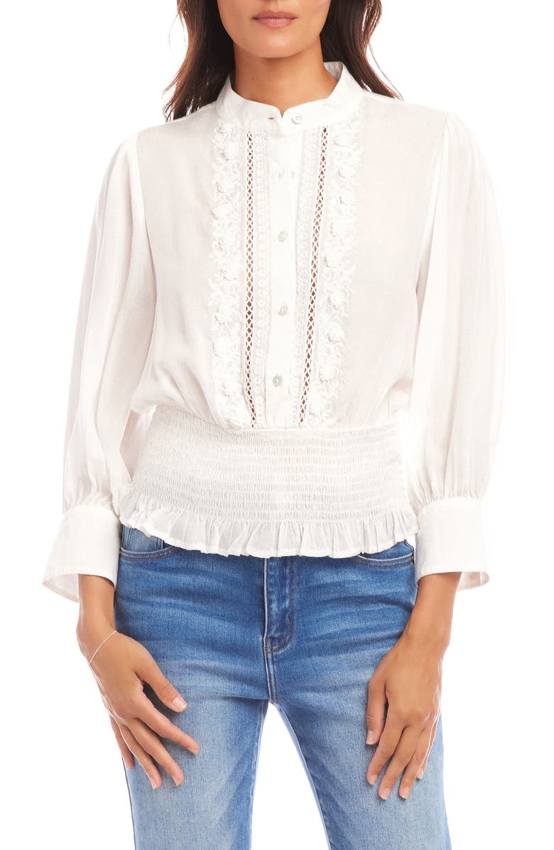 Karen Kane Embroidered Smocked Waist Woven Shirt, Main, color, Cream