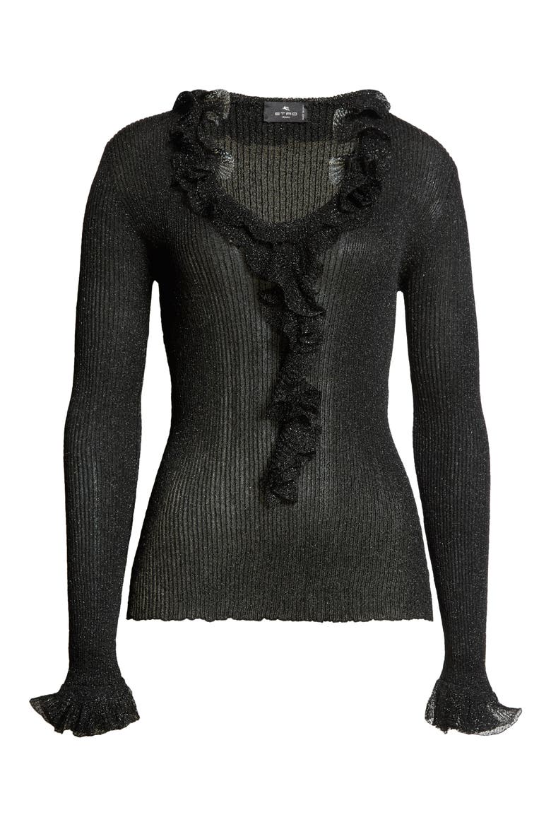 Ruffle Trim Glitter Rib Top, Alternate, color, BLACK