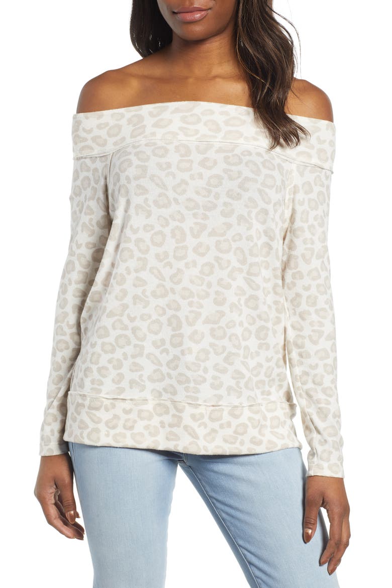 x Living in Yellow Mary Fleece Off the Shoulder Top (Nordstrom Exclusive), Main, color, OATMEAL ANIMAL