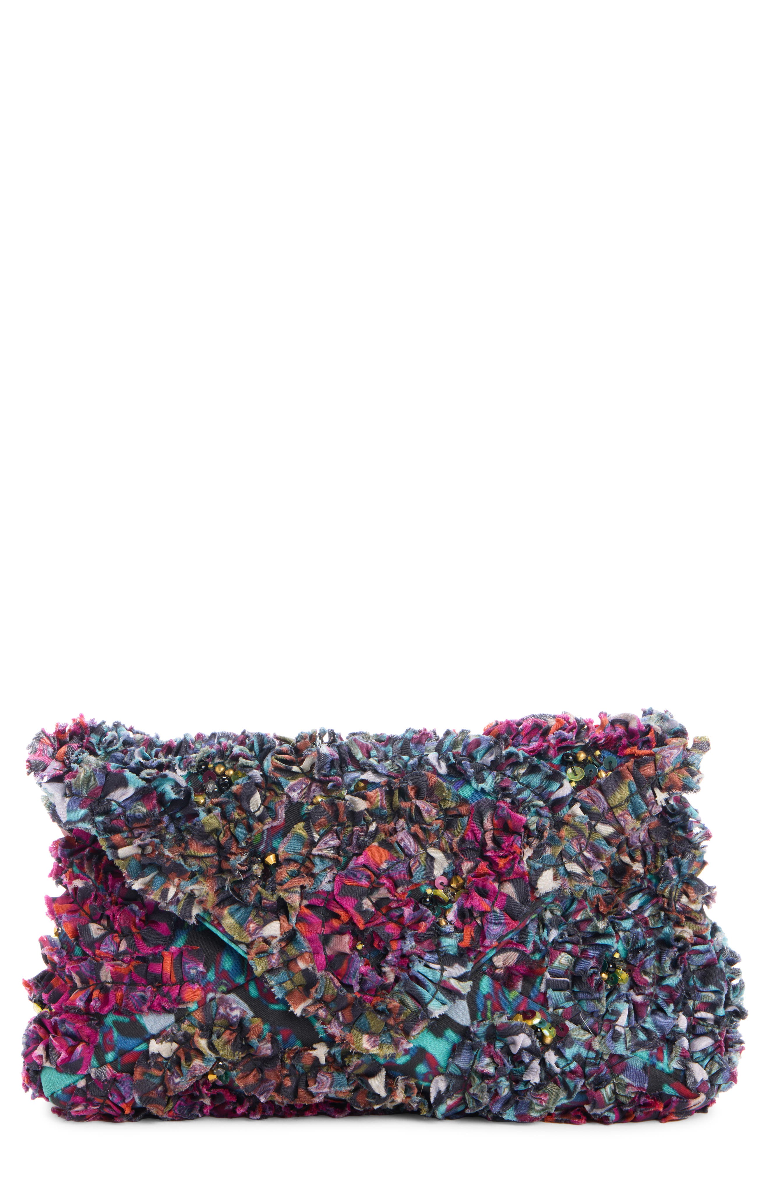 Mini Embroidered Ruffle Envelope Clutch, Main, color, PETROL 508