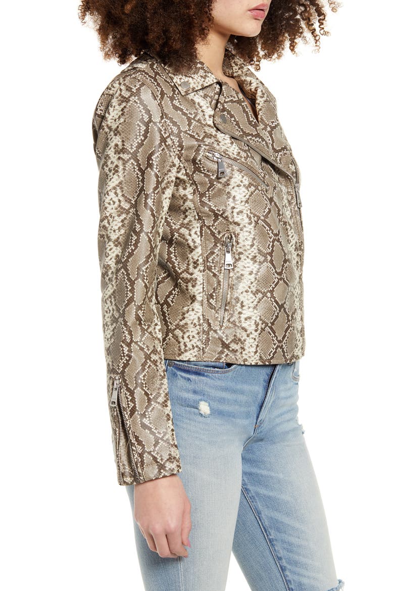Snake Print Faux Leather Moto Jacket, Alternate, color, TAUPE