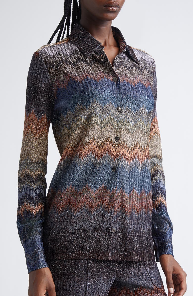 Missoni Metallic Snake Zigzag Button-Up Shirt, Alternate, color, Micro Check Blue Tones
