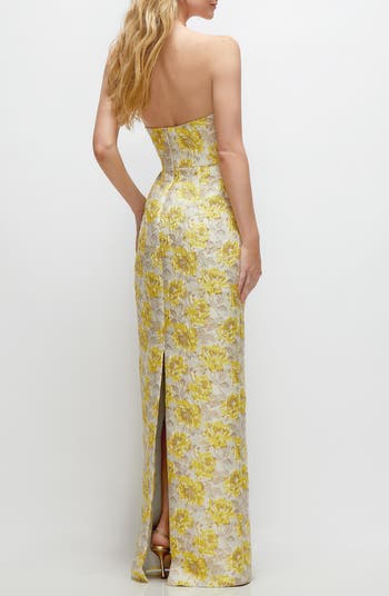 Golden Metallic Jacquard Strapless Column Gown