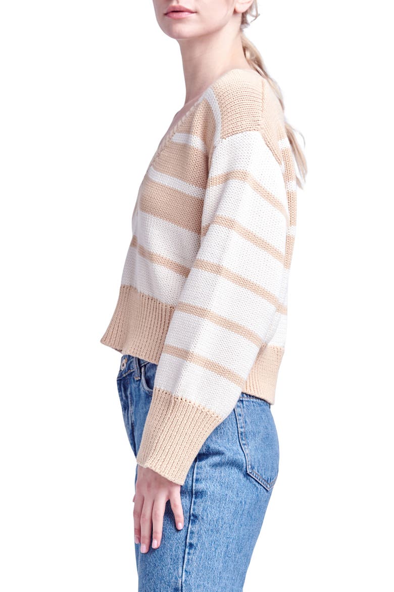 Stripe V-Neck Cotton Crop Sweater, Alternate, color, TANIVORY