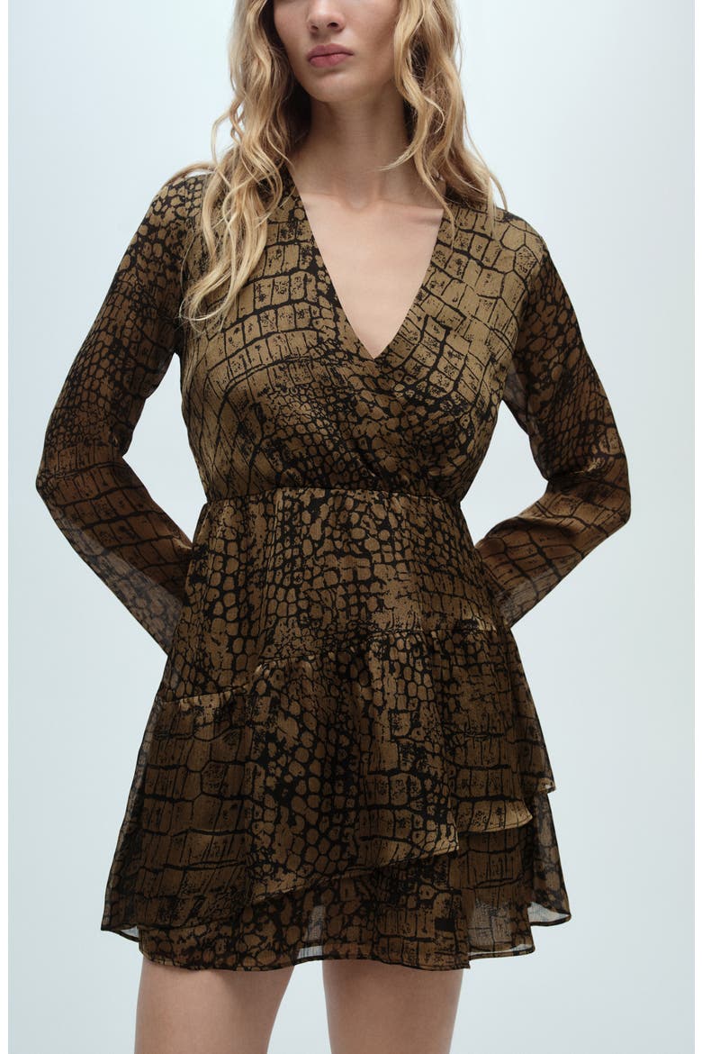 Animal Print Ruffle Long Sleeve Dress, Alternate, color, BROWN