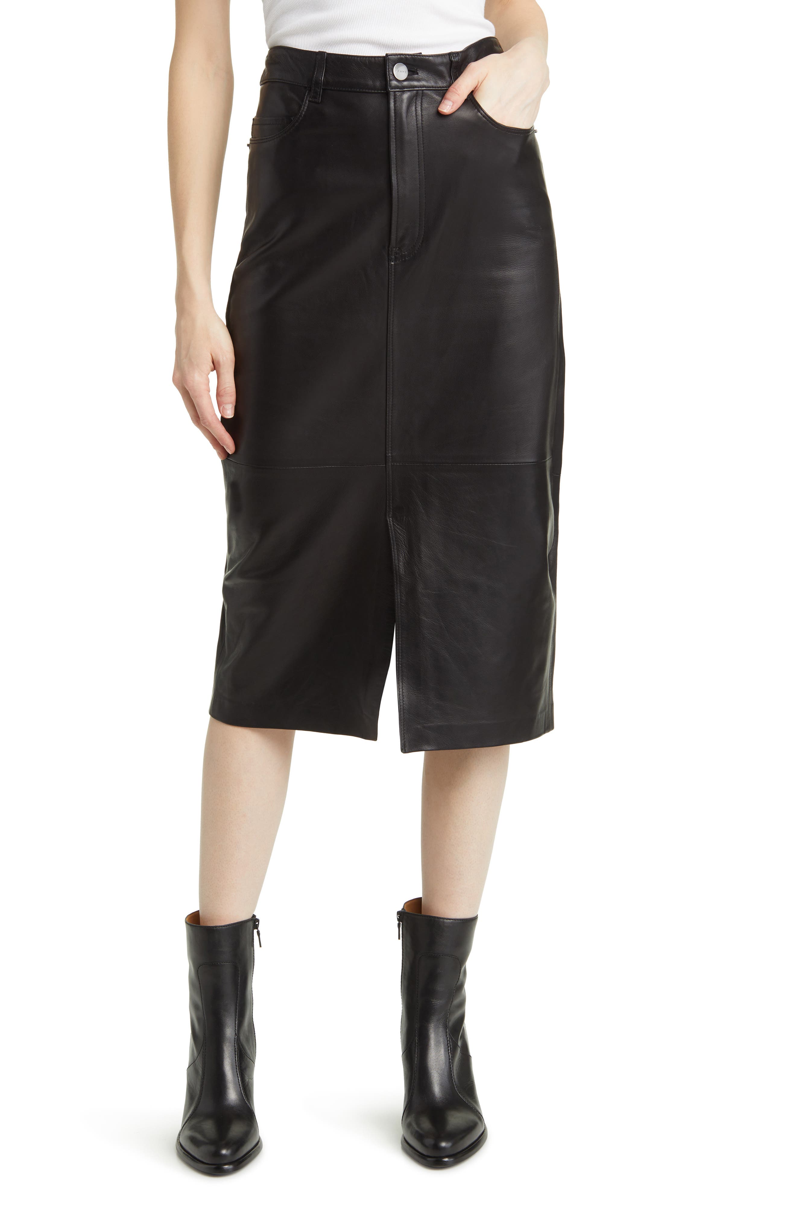 FRAME Leather Midi Skirt
