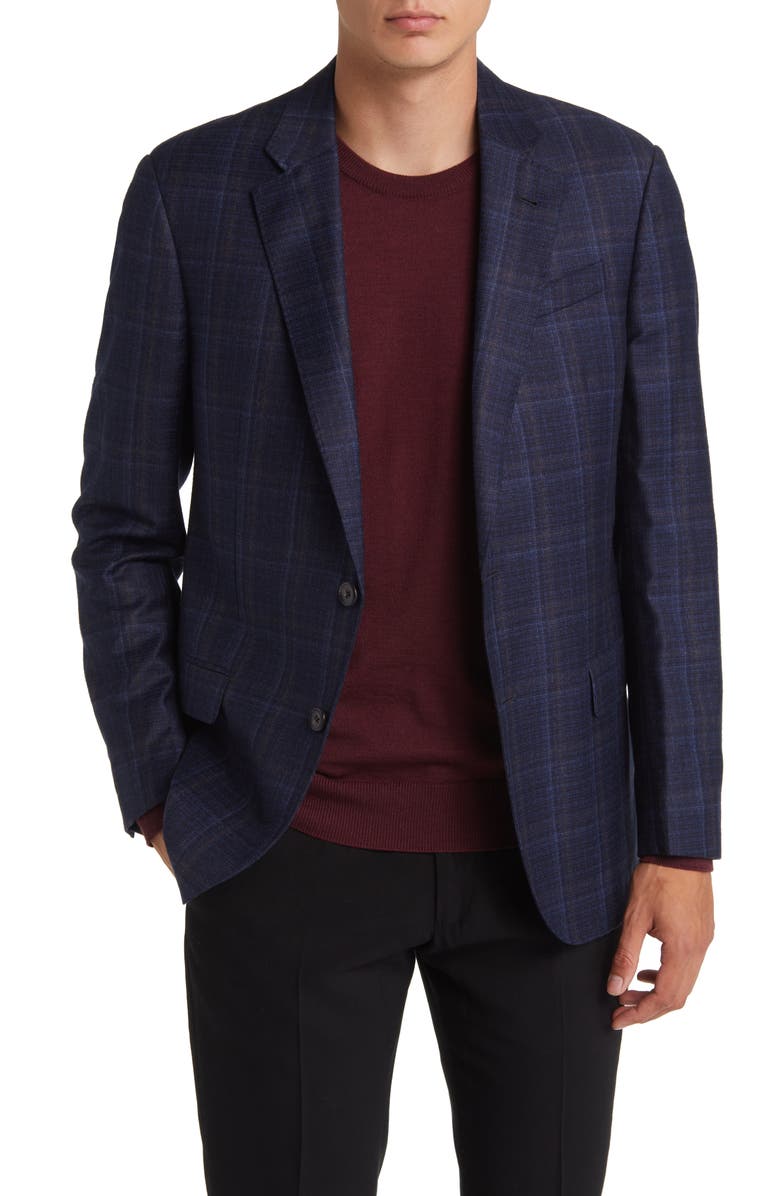 Emporio Armani Plaid Virgin Wool Blazer, Main, color, Solid Medium Blue