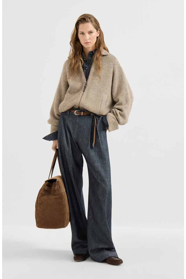 Sparkling no-fade denim loose curved trousers with monili, Alternate, color, Denim