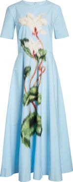 Oscar de la Renta Chiné Cyclamen Floral Poplin Midi Dress