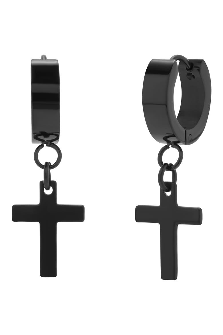 Men's Cross Drop Huggie Hoop Earrings, Main, color, BLACK