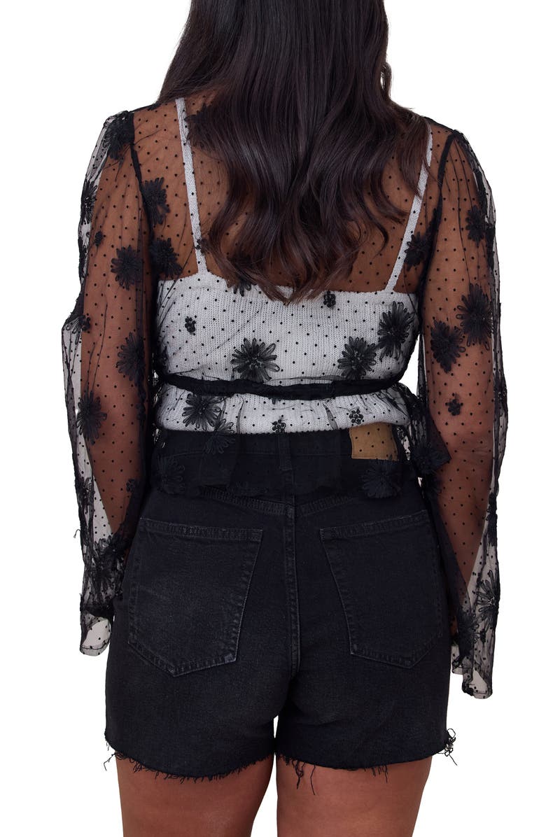 SAACHI Sheer Floral Bell Sleeves Tie Front Top, Alternate, color, Black