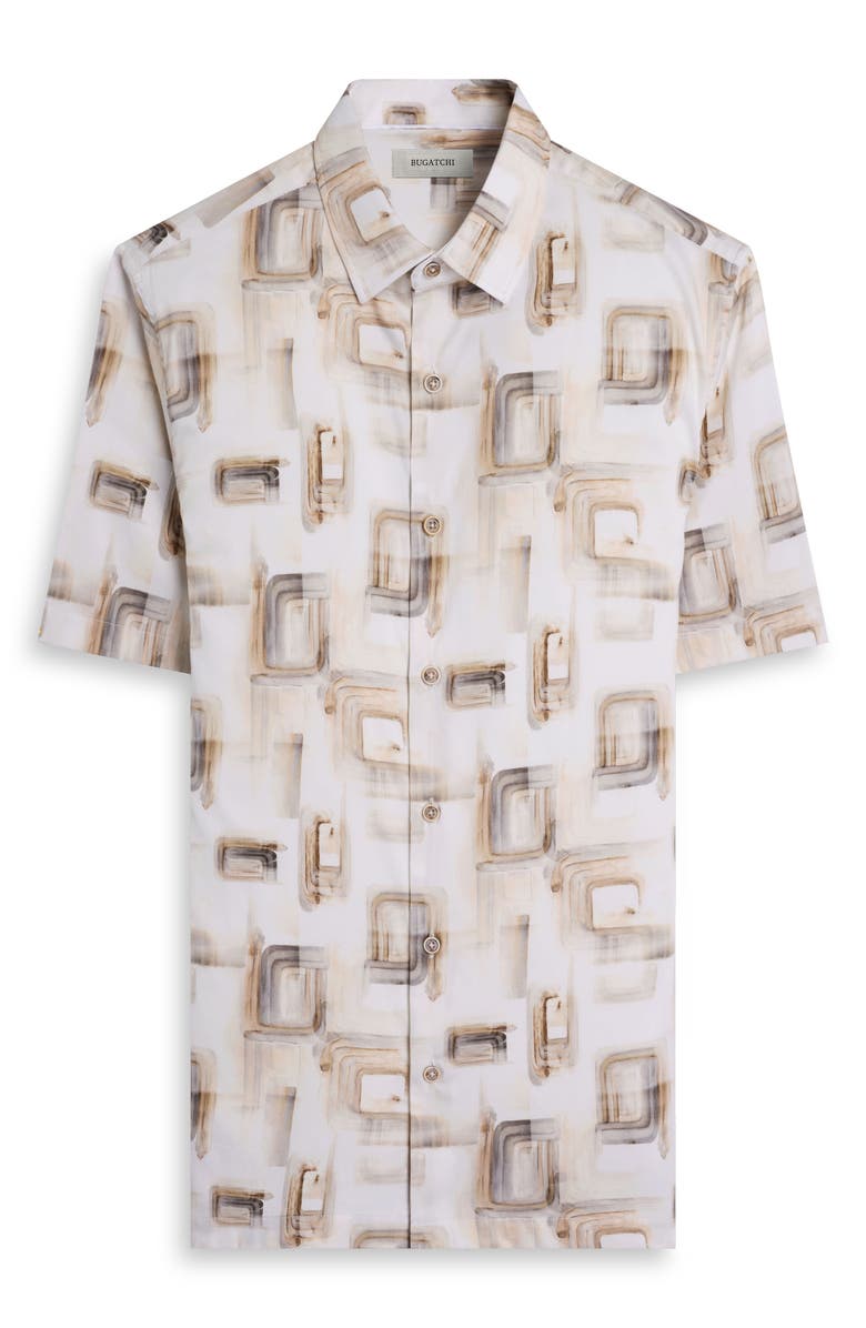 Bugatchi Vero Shaped Fit Abstract Print Short Sleeve Stretch Cotton Button-Up Shirt, Alternate, color, Desert