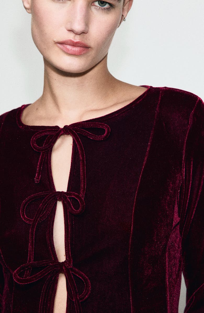 MANGO Bow Front Velvet Top, Alternate, color, 