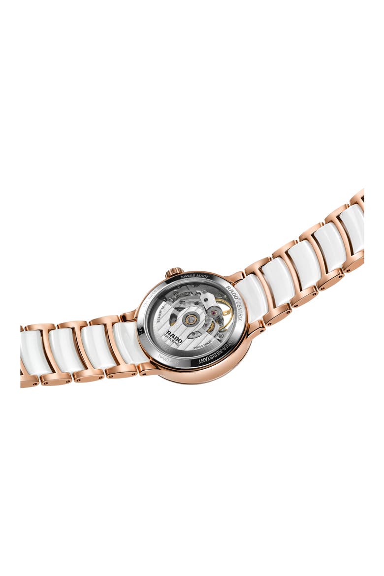 Centrix Open Heart Automatic Diamond Ceramic Bracelet Watch, 33mm, Alternate, color, WHITE/ MOP/ ROSE GOLD