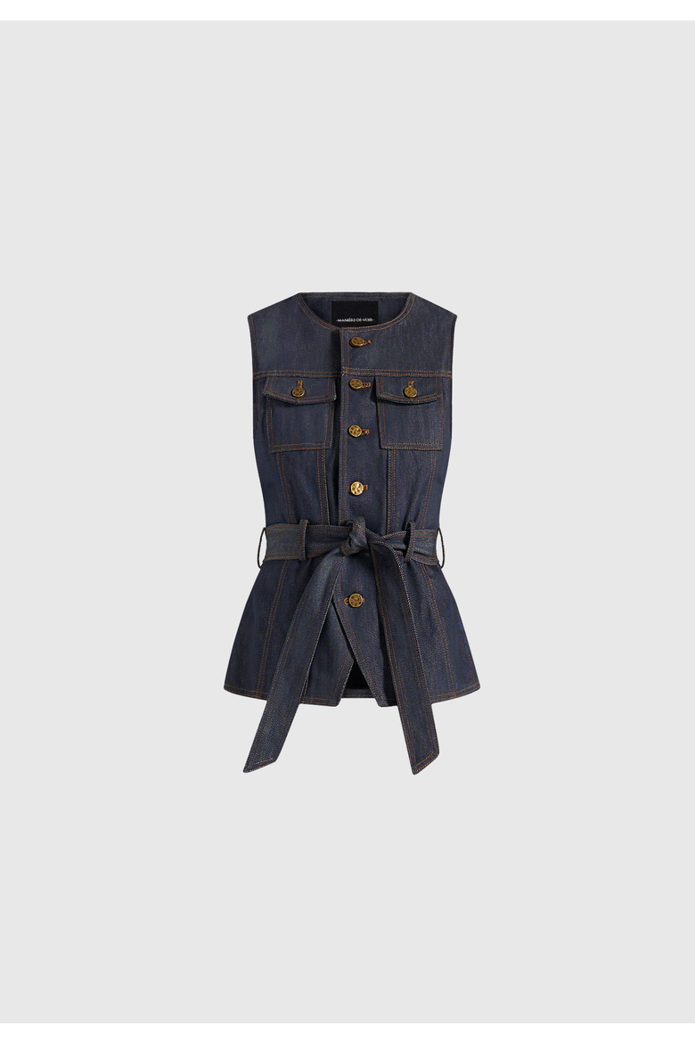 Darcy Denim Crew Neck Waistcoat, Alternate, color, Polished Indigo