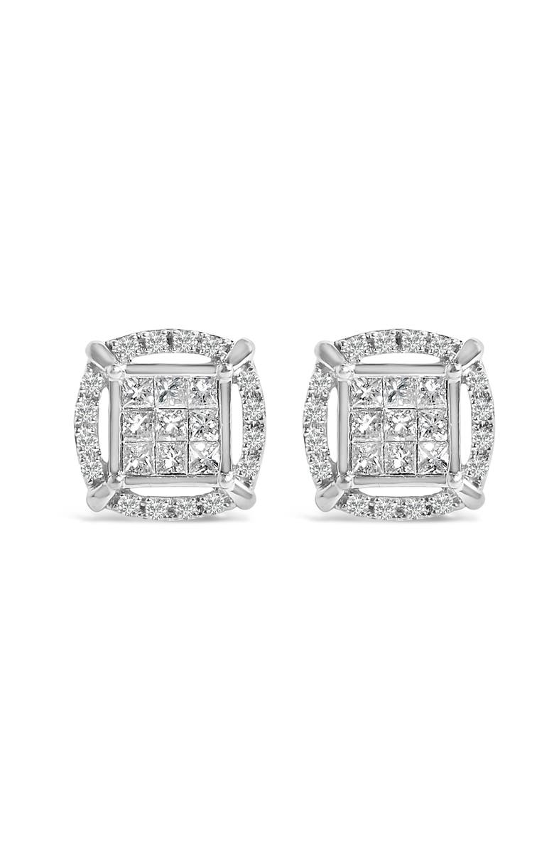 Haus of Brilliance Sterling Silver 1 Cttw Princess Cut Diamond Square Halo Stud Earrings, Main, color, Silver
