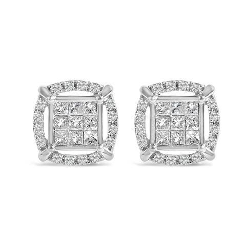 Sterling Silver 1 Cttw Princess Cut Diamond Square Halo Stud Earrings