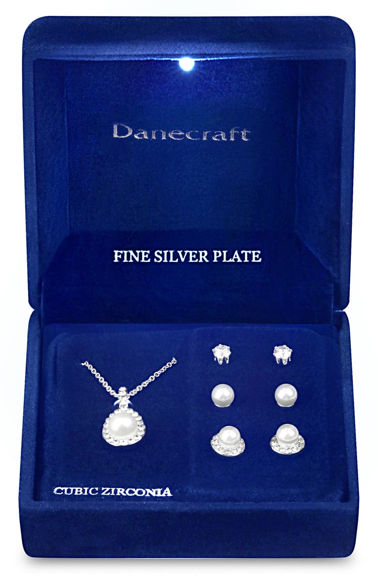 Danecraft Imitation Pearl Pendant Necklace & Earrings Set, Alternate, color, Silver