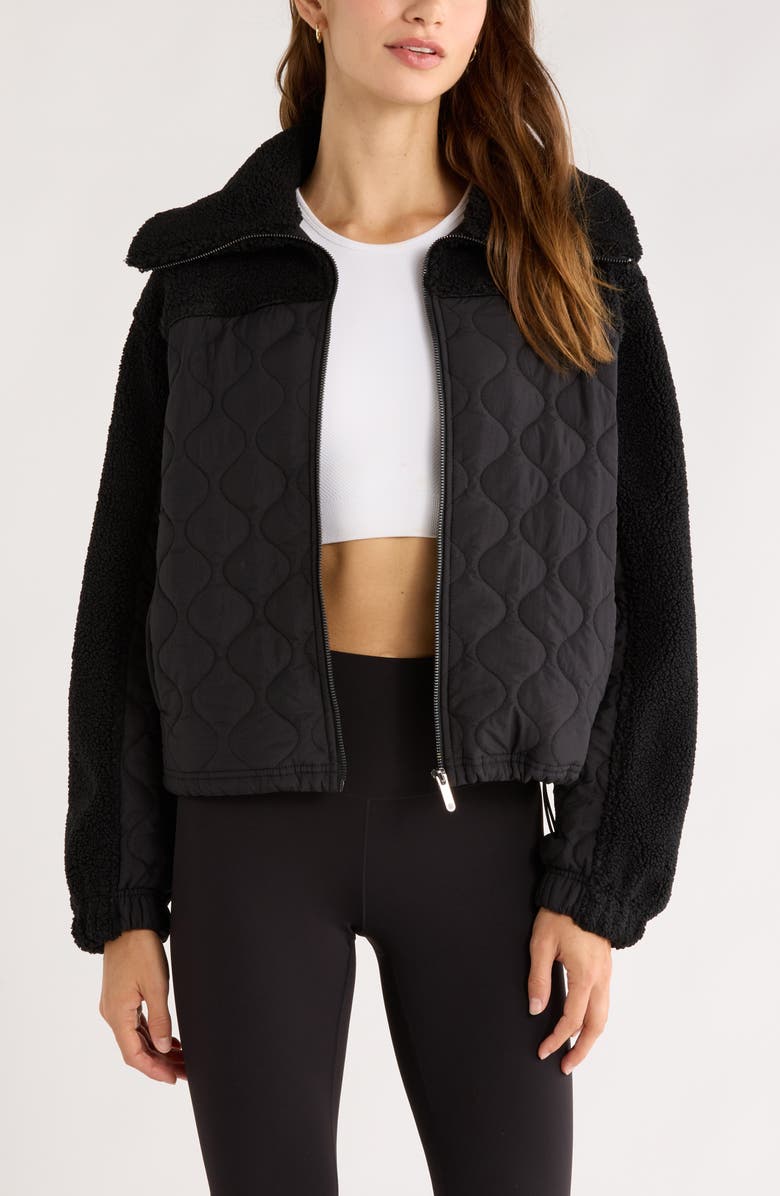 Zella Faux Shearling & Quilted Nylon Hybrid Jacket, Main, color, Black