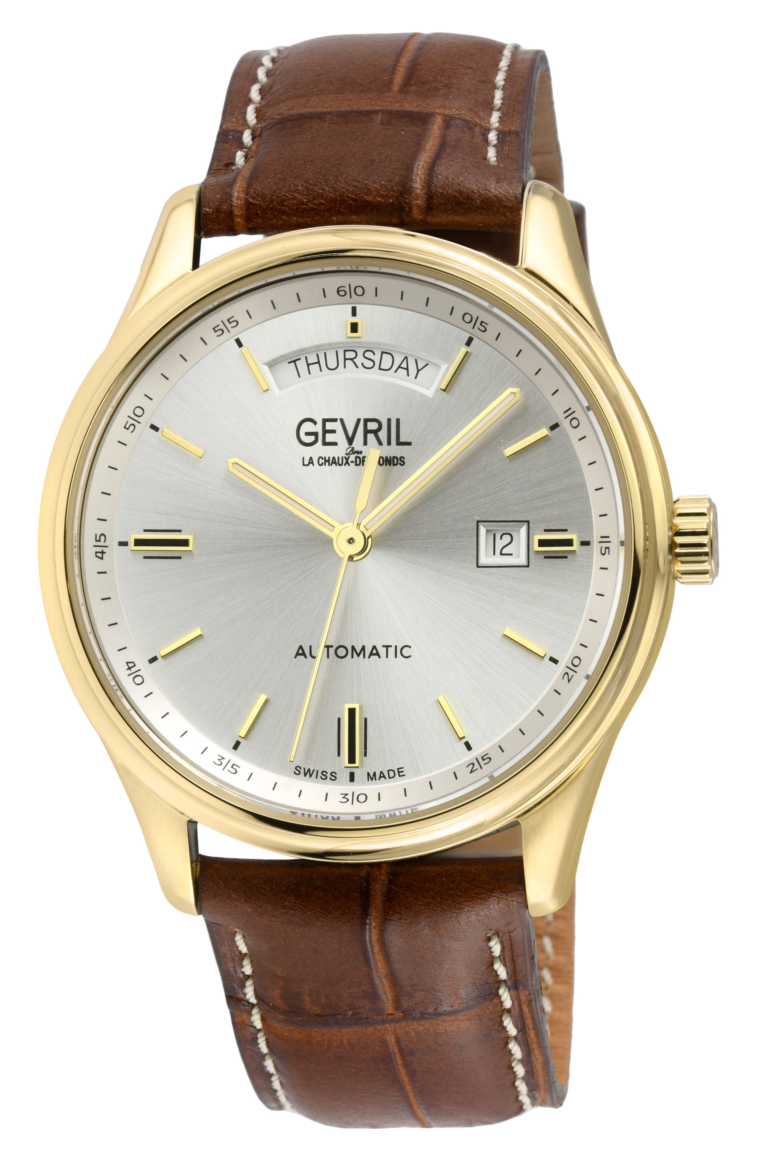 GEVRIL Excelsior Swiss Automatic Croc Embossed Leather Strap Watch, 42mm