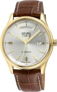 GEVRIL Excelsior Swiss Automatic Croc Embossed Leather Strap Watch, 42mm