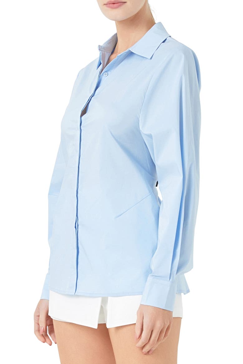 Elastic Back Detail Cotton Blend Button-Up Shirt, Alternate, color, POWDER BLUE