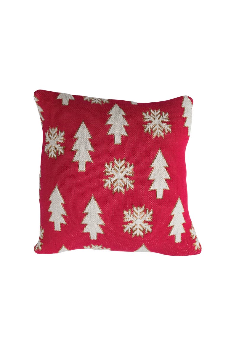 Cotton Knit Pillow with Tree & Snowflake Embroidery, Pink, White & Gold, Main, color, Pink & White