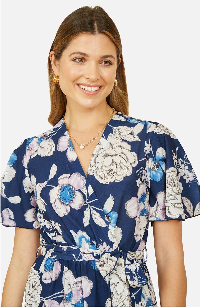 Yumi Floral Midi Wrap Dress, Alternate, color, Navy