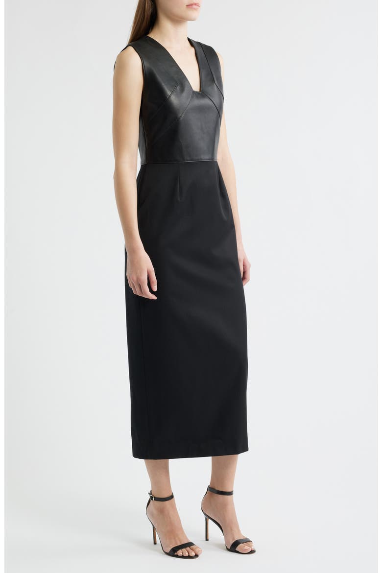 Drumialda Wool & Leather Column Dress, Alternate, color, BLACK