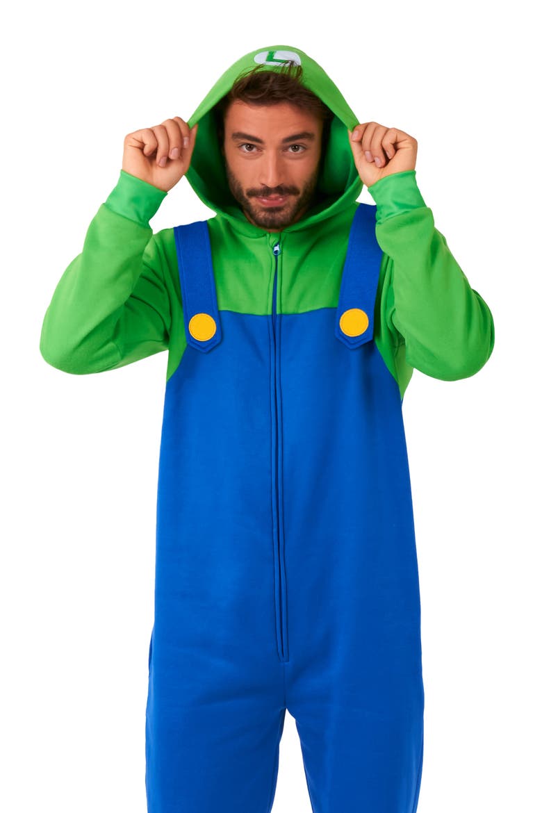 Super Mario™ Luigi Hooded Long Sleeve Fleece Jumpsuit, Alternate, color, BLUE