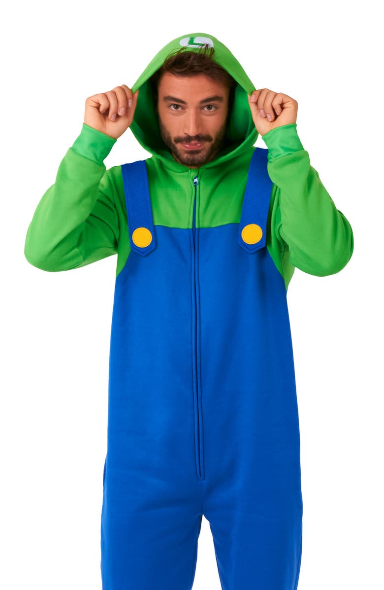OppoSuits Super Mario<sup>™</sup> Luigi Hooded Long Sleeve Fleece Jumpsuit, Alternate, color, Blue