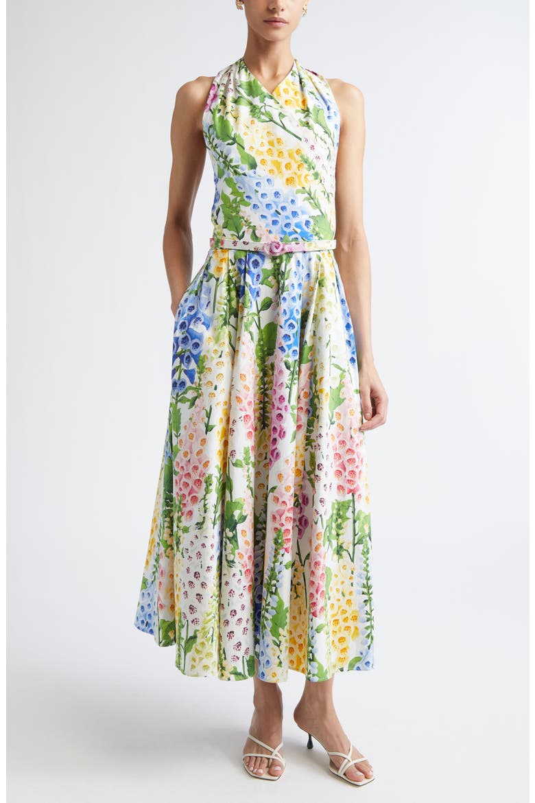 Foxglove Belted Stretch Cotton Poplin Halter Dress, Main, color, WHITE MULTI