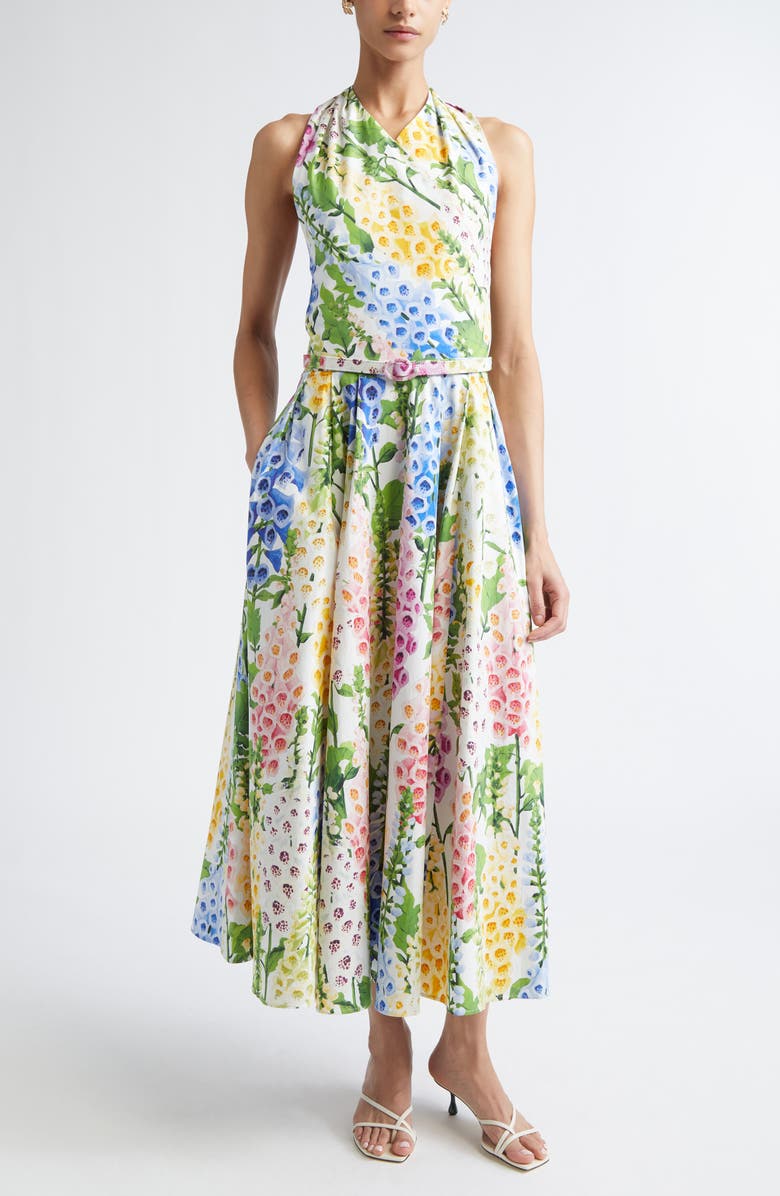 Oscar de la Renta Foxglove Belted Stretch Cotton Poplin Halter Dress, Main, color, White Multi