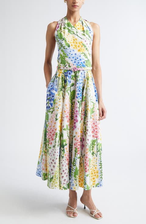 Foxglove Belted Stretch Cotton Poplin Halter Dress