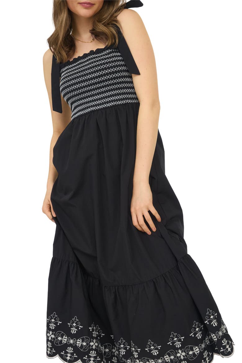 Embroidered Smocked Dress, Alternate, color, BLACK