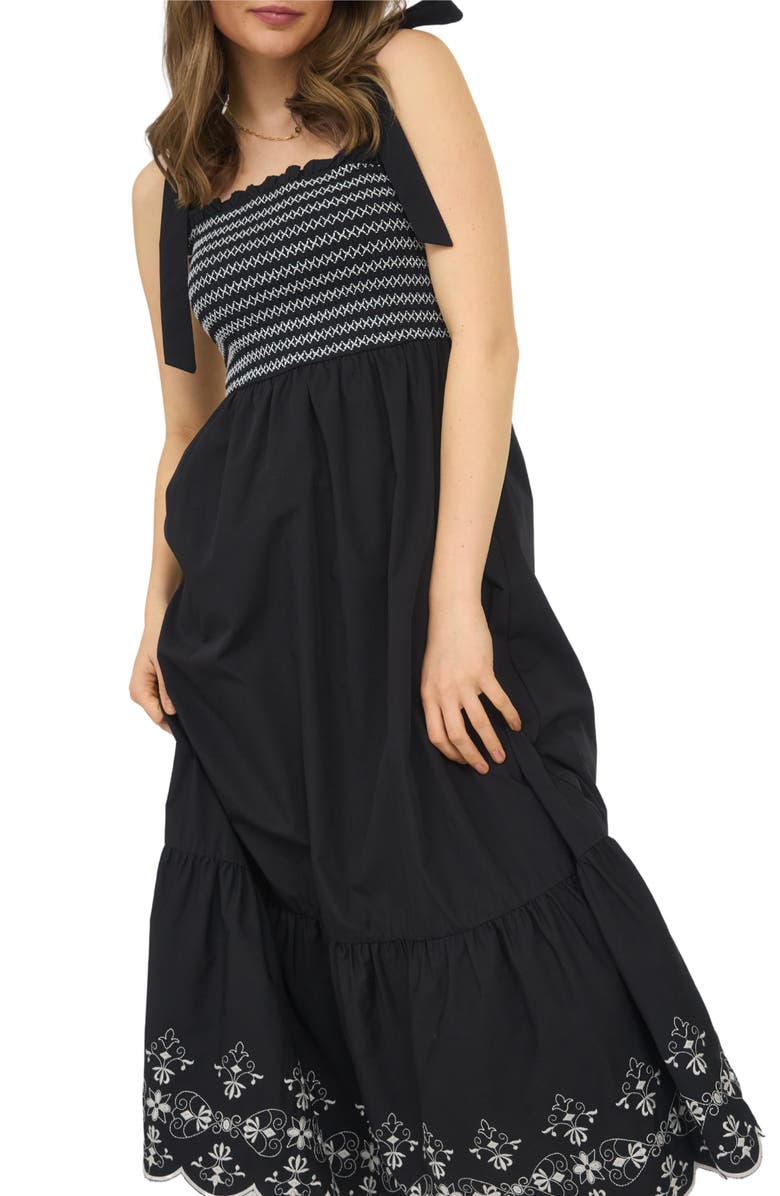 AUGUST SKY Embroidered Smocked Dress, Alternate, color, Black