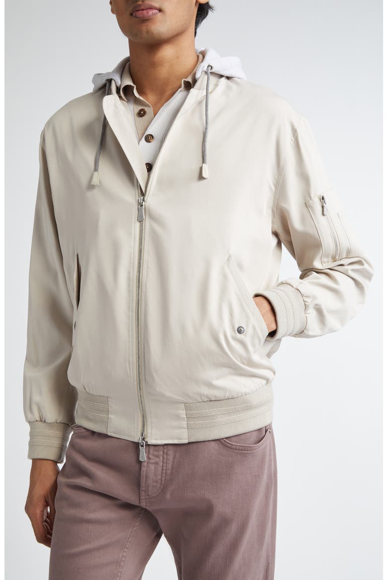 Silk Hoodie Bomber Jacket, Alternate, color, SAND AND LT GREY