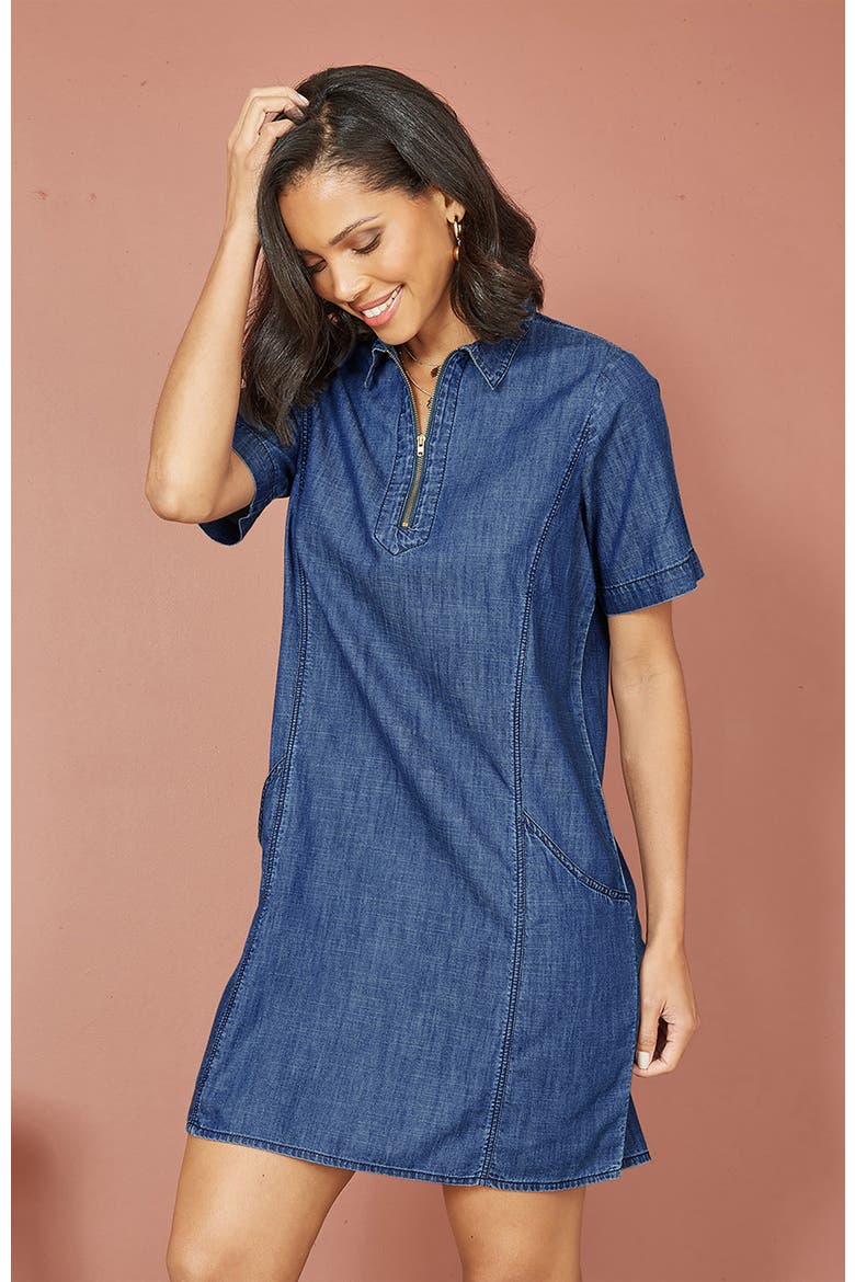 Cotton Chambray Zip Neckline Dress, Alternate, color, Blue