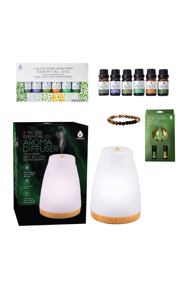PURSONIC Essential Oils Wellness Bundle - Includes Lava Stone Bracelet, 2-in-1 USB Diffuser, and 6-Pack of 100% Pure Aromatherapy Oils, Main, color, Multicolor
