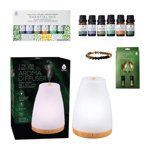 Essential Oils Wellness Bundle - Includes Lava Stone Bracelet, 2-in-1 USB Diffuser, and 6-Pack of 100% Pure Aromatherapy Oils