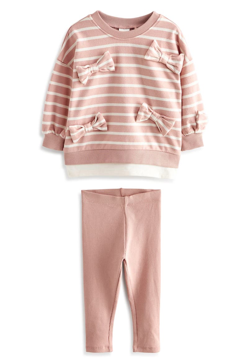 Kids' Stripe Bow Accent Cotton Sweatshirt & Leggings Set, Main, color, PINK