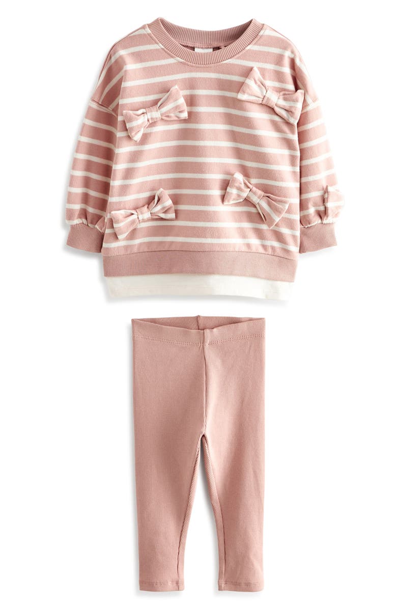 NEXT Kids' Stripe Bow Accent Cotton Sweatshirt & Leggings Set, Main, color, 