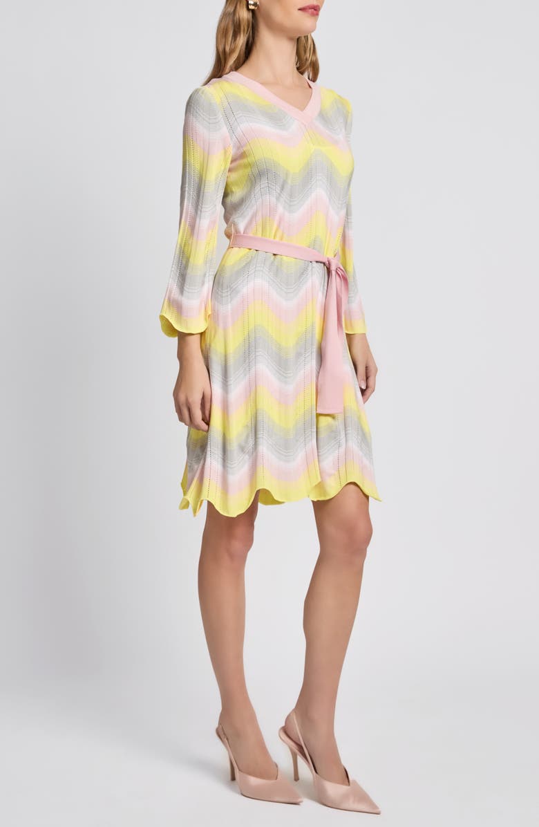 Ming Wang Chevron Pointelle Tie Waist Long Sleeve Dress, Alternate, color, 