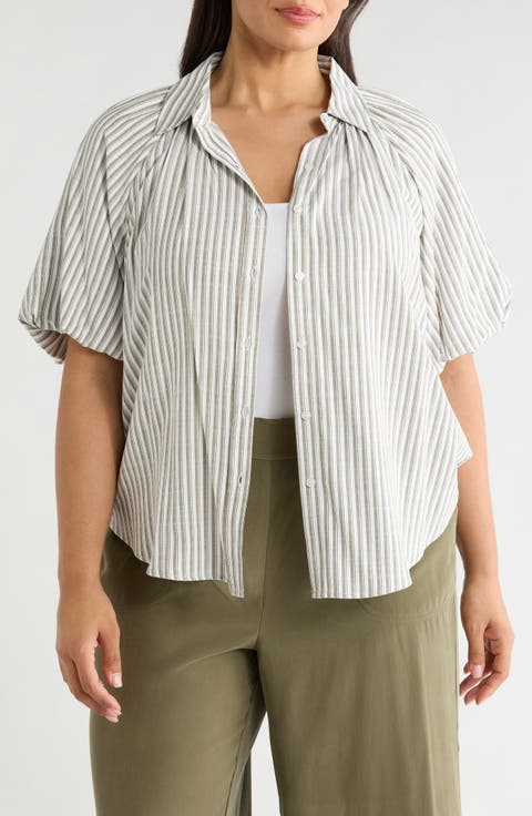 Stripe Bubble Sleeve Button-Up Shirt (Plus)