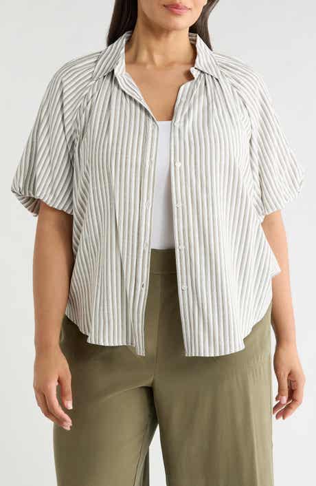 Stripe Bubble Sleeve Button-Up Shirt